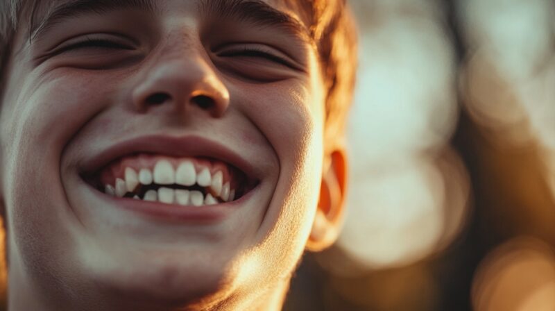 Close-up of a boy smiling broadly with bright white teeth in warm sunlight