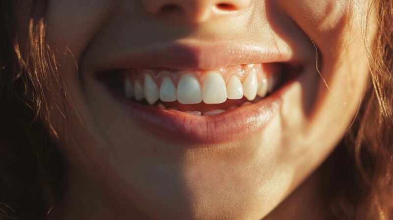 Close-up of a woman's bright smile with healthy teeth and gums in natural light