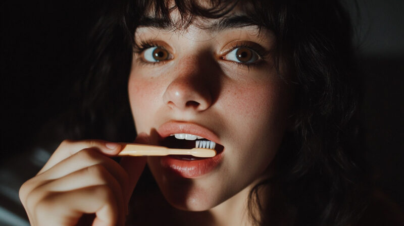 Close-up of a young woman brushing her teeth with a beige toothbrush